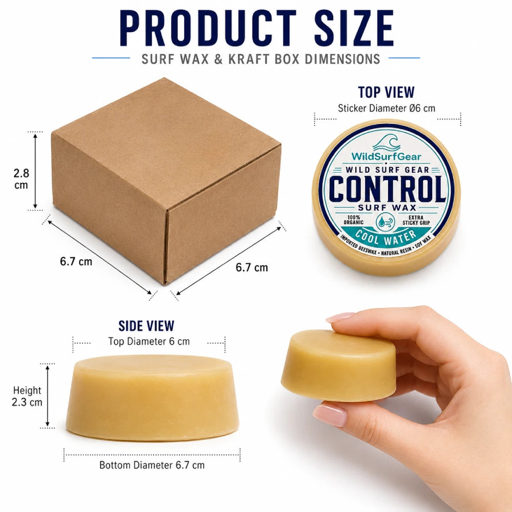 Product size guide for organic surf wax tin and kraft packaging box
