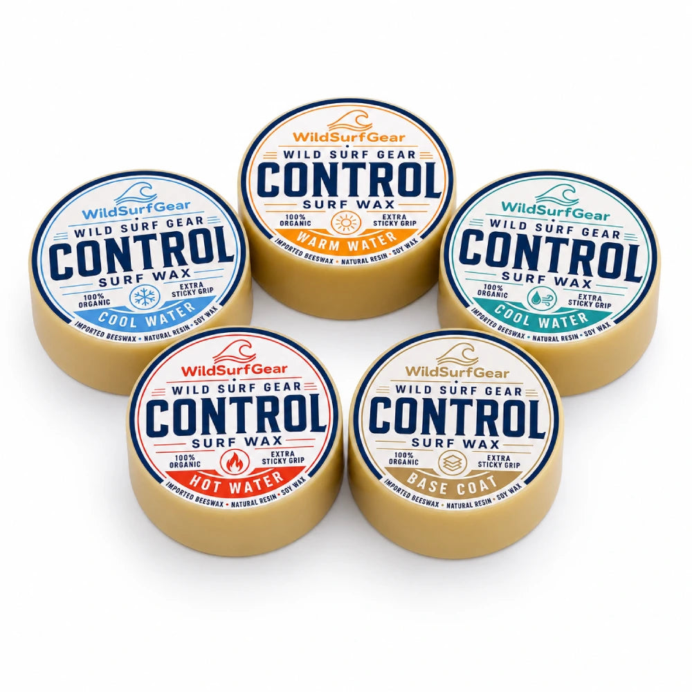 Five organic surf wax formulas for base coat, cool water, warm water, hot water, and cold water