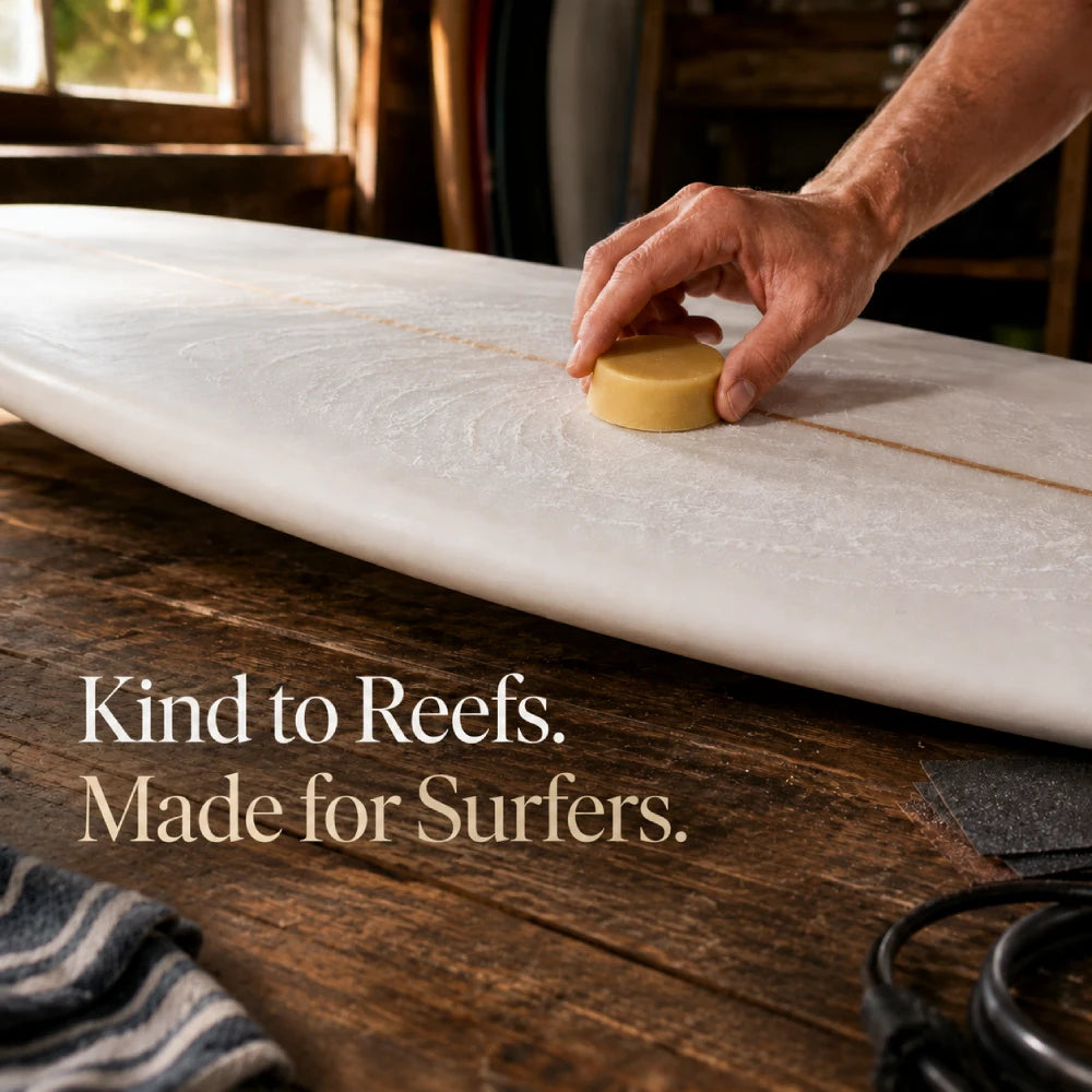 Organic surf wax being applied to a surfboard for strong grip and reef-friendly surfing