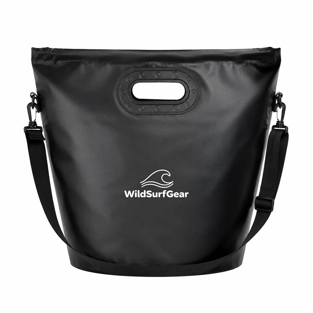 Black dry bag with WildSurfGear logo on a white background