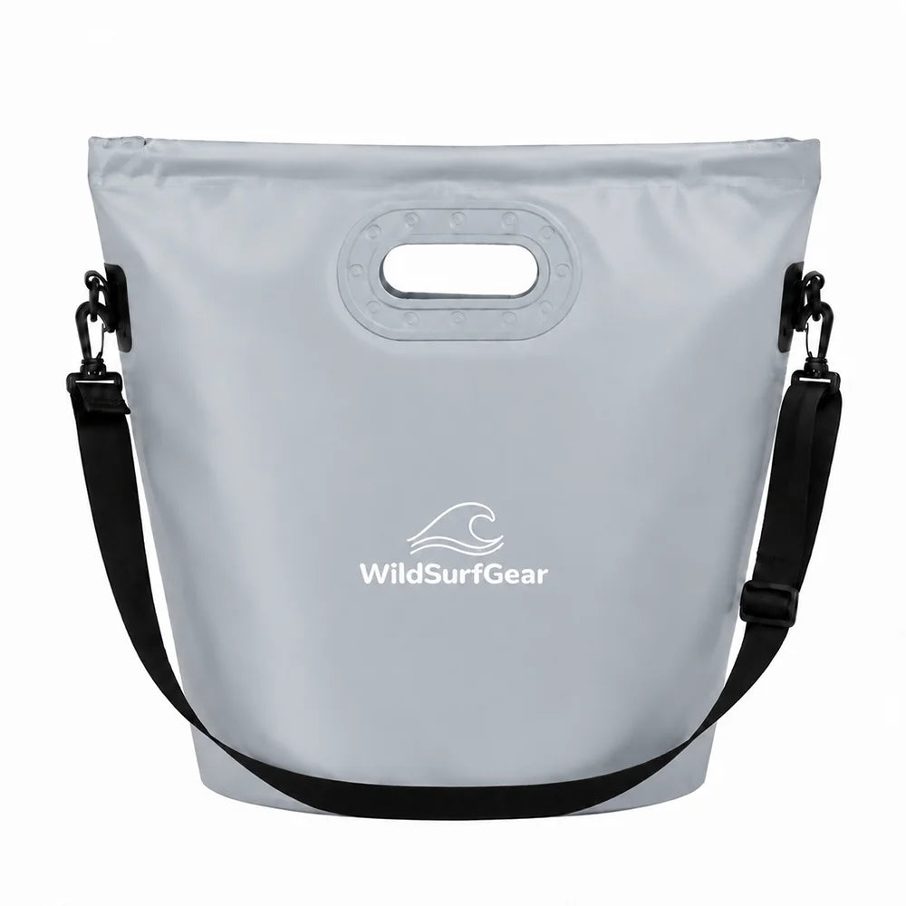 Gray dry bag with shoulder strap and WildSurfGear logo on a white background