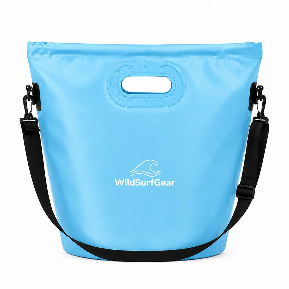 Blue dry bag with black straps and WildSurfGear logo on a white background