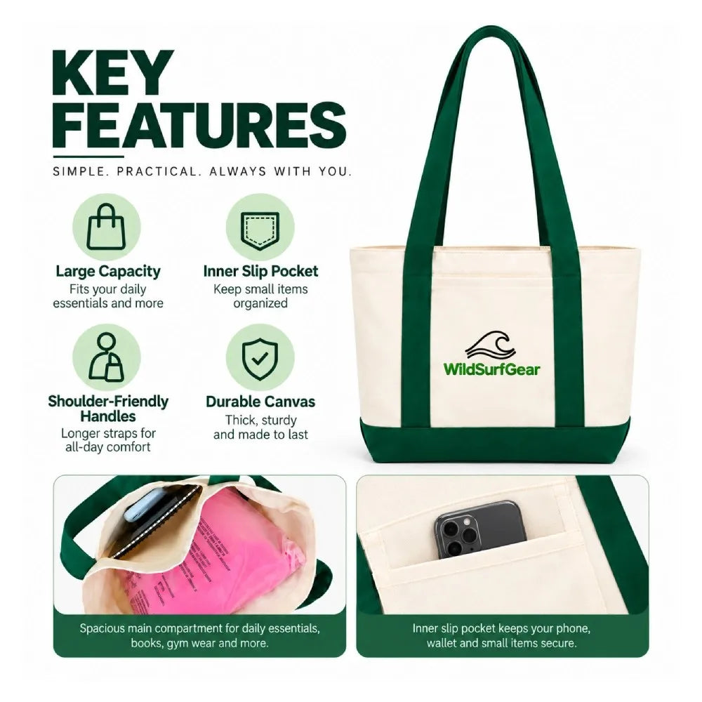 WildSurfGear canvas tote bag key features - 16oz canvas, embroidered logo, front pocket