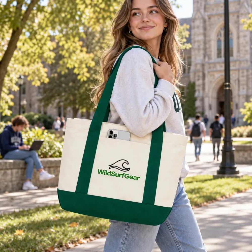 Woman carrying WildSurfGear canvas tote bag with phone in front pocket on campus