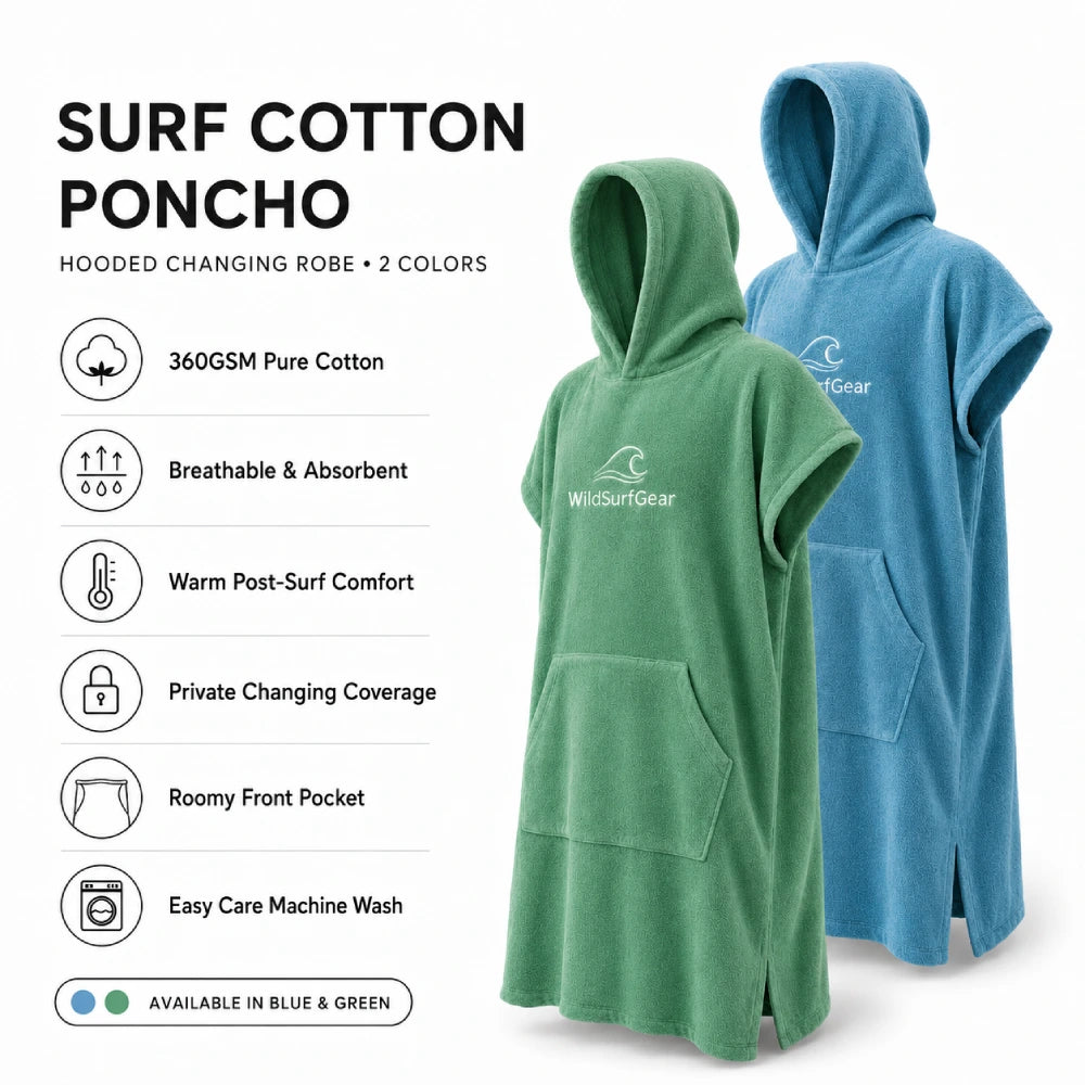 Blue and green 360GSM cotton surf ponchos with hood, front pocket and key features