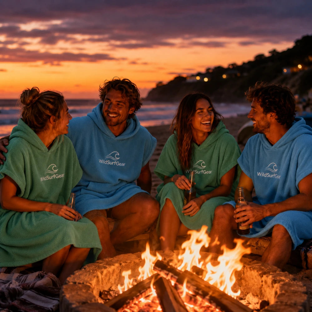 Friends wearing blue and green cotton surf ponchos around a beach campfire