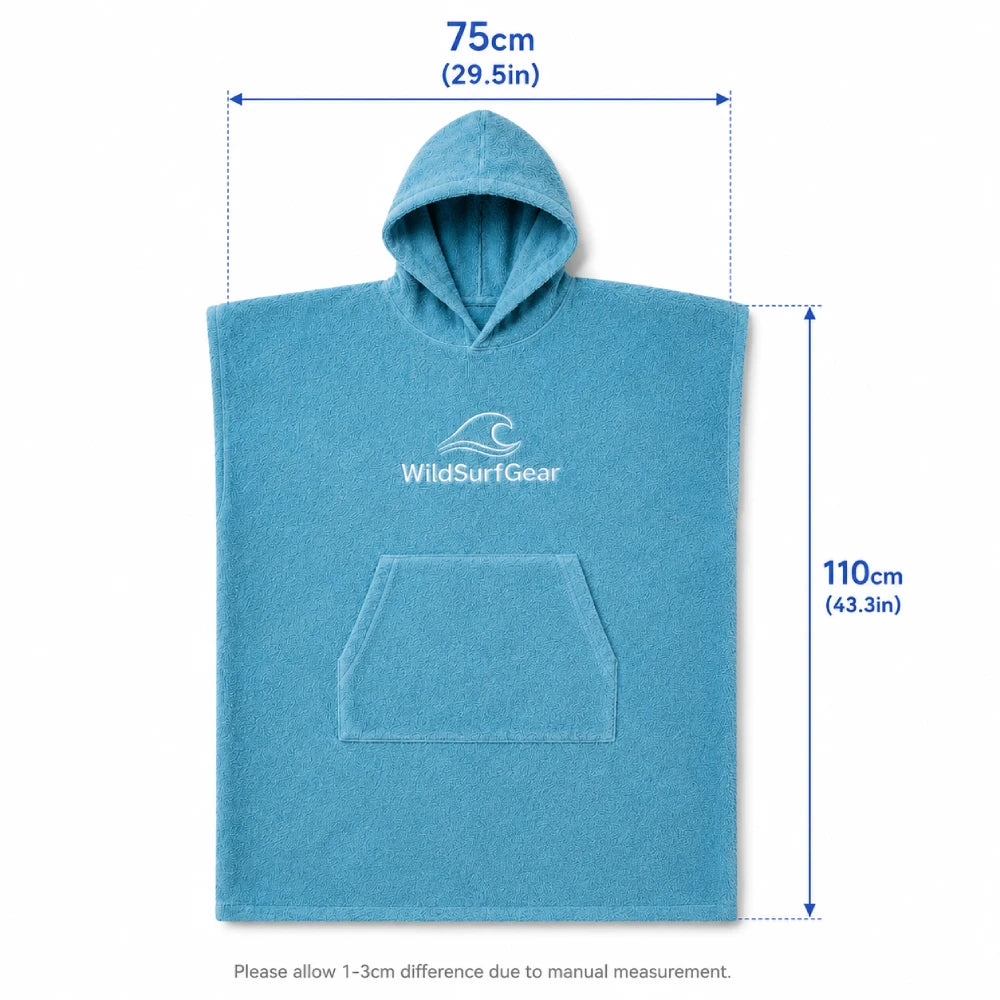 Blue cotton surf poncho size guide showing 75cm width and 110cm length