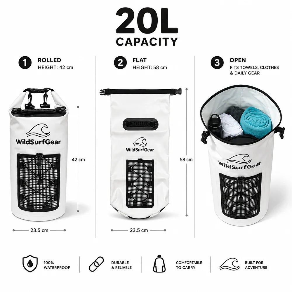 20L Waterproof Dry Bag with Mesh Pocket