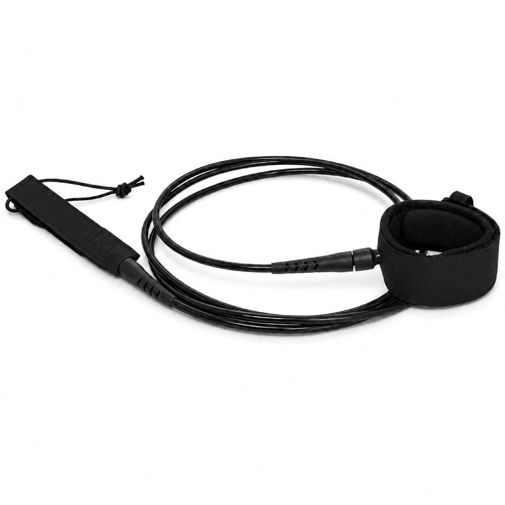 Black lightweight surf leash with 7mm TPU cord, ankle cuff and reinforced rail saver