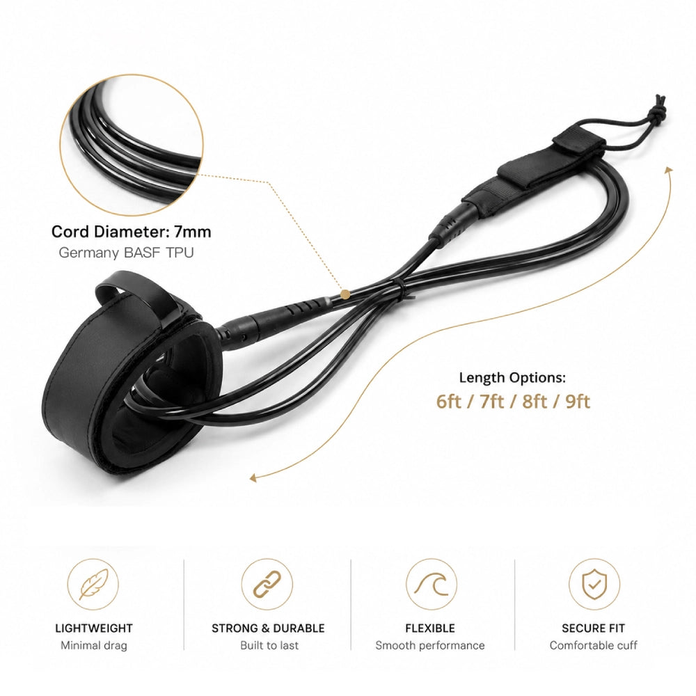 Black 7mm German BASF TPU surf leash available in 6ft, 7ft, 8ft and 9ft lengths